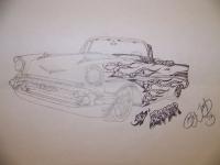 57 Chevy Bel-Air Flammed Coupe Convertible - Pencil  Paper Drawings - By Jeremy Green, Black  White Drawing Artist