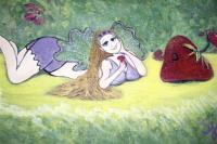 Strawberry Fairy Tastes The Firstfruits - Acrylic Paintings - By Sandy Davis, Folk Painting Artist