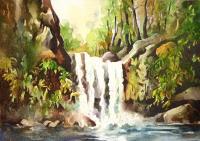 Water Falls 5 - Watercolor Paintings - By Sumit Datta, Realism Painting Artist
