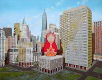 Civic Center In New York With Matrioska - Oil On Canvas Paintings - By Federico Cortese, Surreal Painting Artist