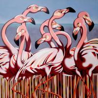 Flamingos - Oil On Canvas Paintings - By Federico Cortese, Representational Painting Artist