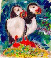 Puffins Sea - Mixed Paintings - By Samuel Zylstra, Flicker Art Painting Artist