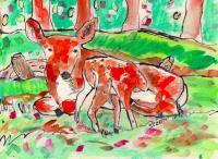 Deer And Woods - Watercolor Paintings - By Samuel Zylstra, Watercolors Painting Artist