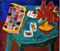 Still Life On Green Tablechess Cards  Flowers - Oil On Canvas Paintings - By Miroslav Damevski, Art Modern Painting Artist