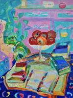 Still Life  Apples In Oval And Books - Acrylic On Canvas Paintings - By Miroslav Damevski, Art Modern Painting Artist